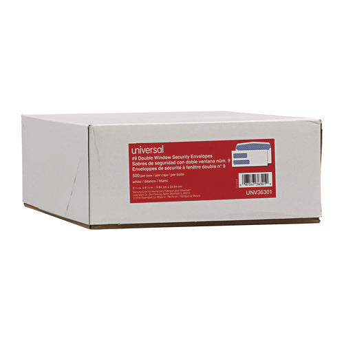 Universal Double Window Business Envelope, #9, Commercial Flap, Gummed Closure, 3.88 x 8.88, White, 500/Box