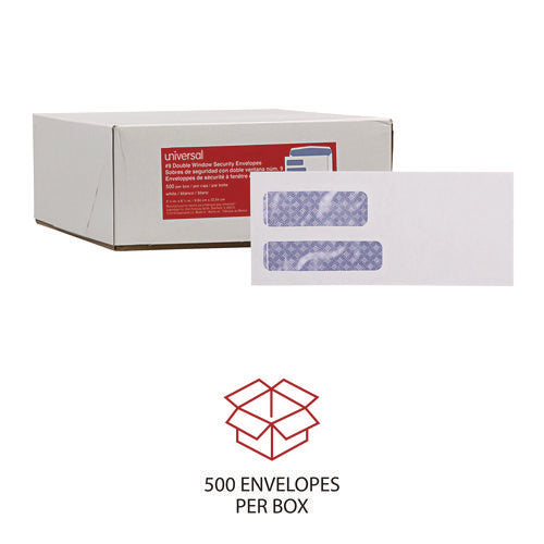 Universal Double Window Business Envelope, #9, Commercial Flap, Gummed Closure, 3.88 x 8.88, White, 500/Box