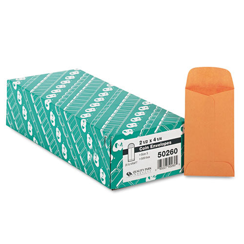 QualityPrk Kraft Coin and Small Parts Envelope, #3, Round Flap, Gummed Closure, 2.5 x 4.25, Brown Kraft, 500/Box