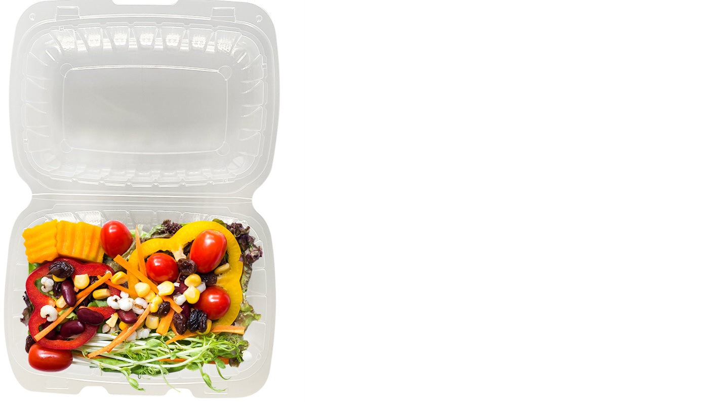 9x9 3 Compartment Empress PP Hinged Container Vented Clear 150/cs