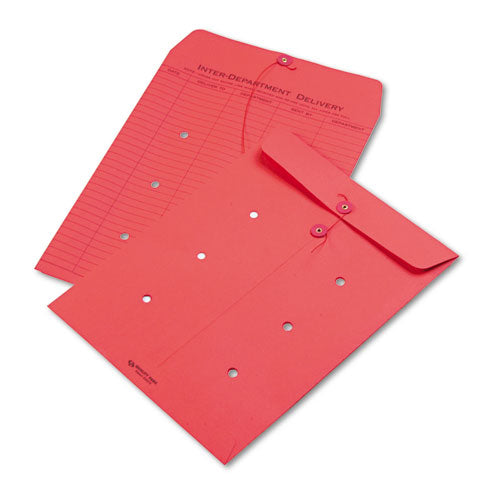 QualityPrk Colored Paper String And Button Interoffice Envelope, #97, One-Sided Five-Column Format, 10 X 13, Red, 100/box