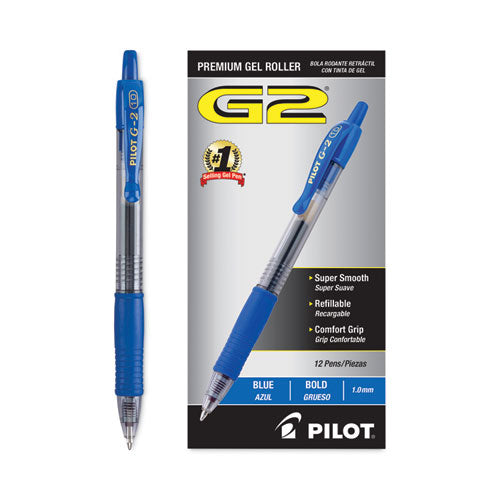 Pilot G2 Premium Gel Pen, Retractable, Bold 1 mm, Blue Ink, Smoke/Blue Barrel, Dozen